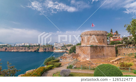 Hidirlik tower in Kas town in Antalya timelapse hyperlapse with view of harbor marine bay is a old city Hidirlik tower in Kas town in Antalya timelapse hyperlapse with view of harbor marine bay is a old city 126522477