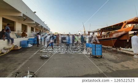 Fish market in the emirate of Ajman timelapse hyperlapse. United Arab Emirates 126522525