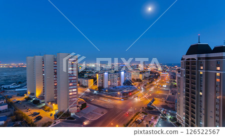 Aktau city after sunset on the shore of the Caspian Sea day to night timelapse. Kazakhstan. 126522567