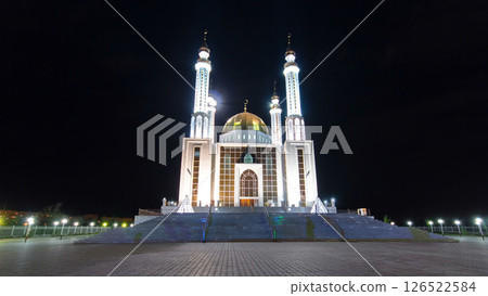Mosque Nur Gasyr in the city of Aktobe night timelapse hyperlapse. Kazakhstan Mosque Nur Gasyr in the city of Aktobe night timelapse hyperlapse. Kazakhstan 126522584