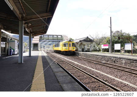 Tango Railway Kurita Station overpass and train entering the platform Tango Railway Kurita Station overpass and train entering the platform 126522607