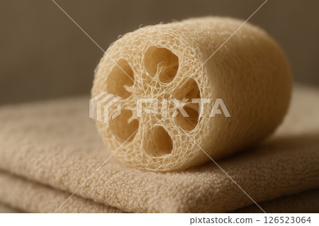 Textured Loofah Sponge Close-Up with Soft Shadow Play 126523064
