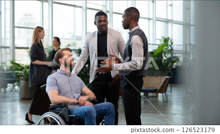 Managers discussing with employee in wheelchair in modern office 126523179