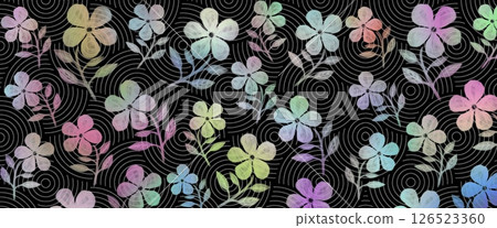 彩虹色花朵的插圖、黑色背景上五彩繽紛花朵的背景插圖、夢幻花田的插圖 126523360