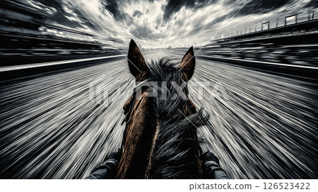 A jockey's perspective as he races through the racetrack A jockey's perspective as he races through the racetrack 126523422