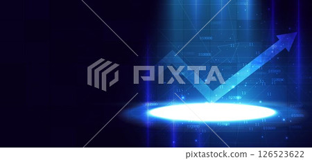 Arrow up finance chart stock market growth glowing light effect on dark blue background. Business investment concept. Arrow up finance chart stock market growth glowing light effect on dark blue background. Business investment concept. 126523622