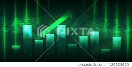 Arrow up finance chart stock market growth glowing light effect on dark green background. Business investment concept. Arrow up finance chart stock market growth glowing light effect on dark green background. Business investment concept. 126523630