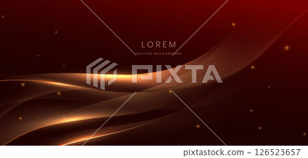 Luxry red curved lines and gold wave lines on dark red background and lighting effect sparkle. Luxry red curved lines and gold wave lines on dark red background and lighting effect sparkle. 126523657