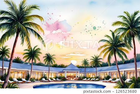 (Watercolor painting) Fantastic sky of a summer resort (Watercolor painting) Fantastic sky of a summer resort 126523680