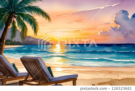 (Watercolor painting) Resort beach, sunset scenery (Watercolor painting) Resort beach, sunset scenery 126523681