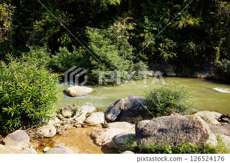 Rocky and stone on fresh stream and waterfall in natural tropical rainforest in Chiangmai of Thailand 126524176