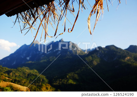 Beautiful landscape of valley Doi Luang Chiangdao mountain and the eaves of a dry thatched in Chiangmai Province of Thailand. Tradition Local house Beautiful landscape of valley Doi Luang Chiangdao mountain and the eaves of a dry thatched in Chiangmai Province of Thailand. Tradition Local house 126524190