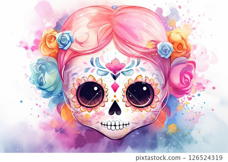 Dia de los Muertos, Day of the Dead, cute Skull personage watercolor colorful illustration 126524319