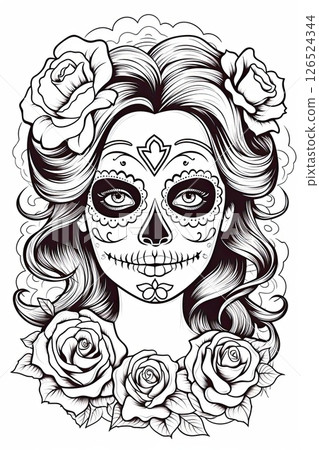 Dia de los Muertos coloring page for kids and adults illustration. Black and white lines Dia de los Muertos coloring page for kids and adults illustration. Black and white lines 126524344