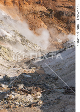 Noboribetsu Jigokudani with volcanic smoke 126524589