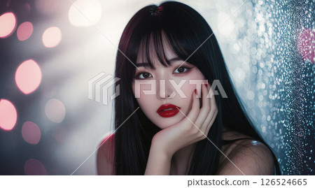 一位有著醒目紅唇和漏光的女性的戲劇性肖像 126524665