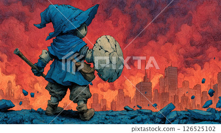 Fantasy paladin in blue cloak with cracked shield stands before burning city, dramatic scene 126525102