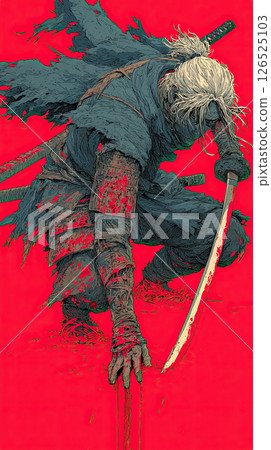Warrior, torn armor, gripping sword, watercolor art, intense red background. fierce expression 126525103