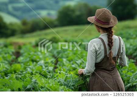 A woman harvesting a field of greenery 126525303