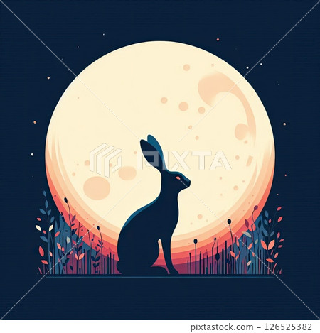 Stylized Rabbit Under Full Moon for Moon Festival Theme with Generative AI. 126525382
