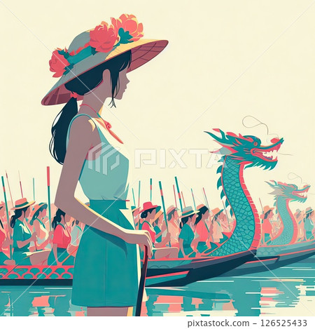 Dragon Boat Festival Celebration and Dragon Boat Race Scene with Generative AI. 126525433
