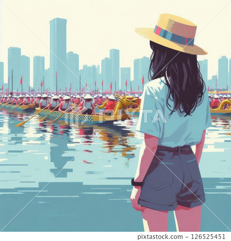 Dragon Boat Festival Celebration and Dragon Boat Race Scene with Generative AI. 126525451