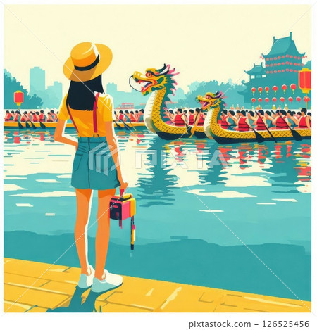 Dragon Boat Festival Celebration and Dragon Boat Race Scene with Generative AI. 126525456