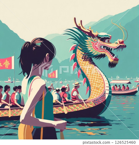 Dragon Boat Festival Celebration and Dragon Boat Race Scene with Generative AI. 126525460