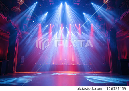 Bright stage lights illuminate the concert venue Bright stage lights illuminate the concert venue 126525469
