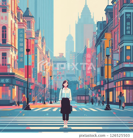 Modern Chinese Cityscape in Urban Shanghai Skyline Illustration with Generative AI. 126525503