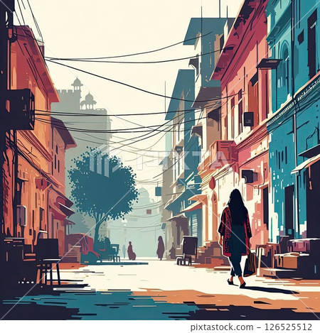 Silhouette of Woman Walking Through Vibrant Old Indian Street with Generative AI. Silhouette of Woman Walking Through Vibrant Old Indian Street with Generative AI. 126525512