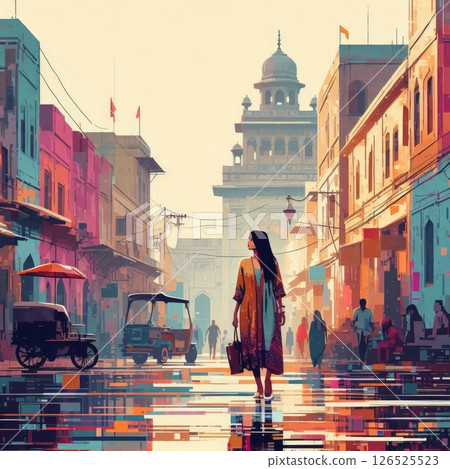 Silhouette of Woman Walking Through Vibrant Old Indian Street with Generative AI. Silhouette of Woman Walking Through Vibrant Old Indian Street with Generative AI. 126525523