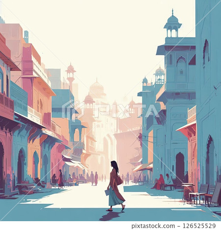 Silhouette of Woman Walking Through Vibrant Old Indian Street with Generative AI. Silhouette of Woman Walking Through Vibrant Old Indian Street with Generative AI. 126525529