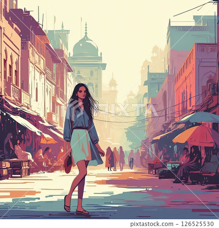 Silhouette of Woman Walking Through Vibrant Old Indian Street with Generative AI. Silhouette of Woman Walking Through Vibrant Old Indian Street with Generative AI. 126525530