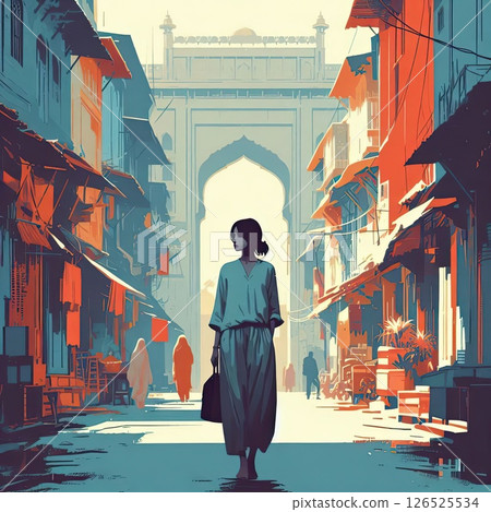 Silhouette of Woman Walking Through Vibrant Old Indian Street with Generative AI. 126525534