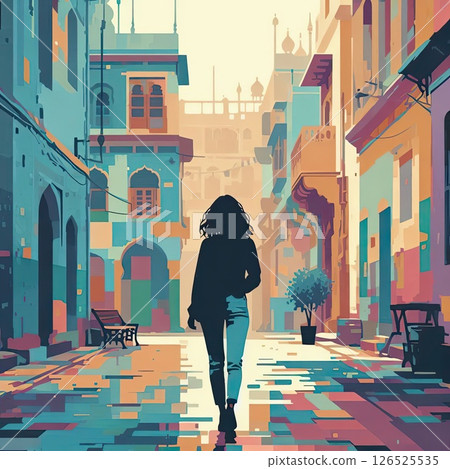 Silhouette of Woman Walking Through Vibrant Old Indian Street with Generative AI. 126525535