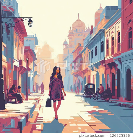 Silhouette of Woman Walking Through Vibrant Old Indian Street with Generative AI. Silhouette of Woman Walking Through Vibrant Old Indian Street with Generative AI. 126525536