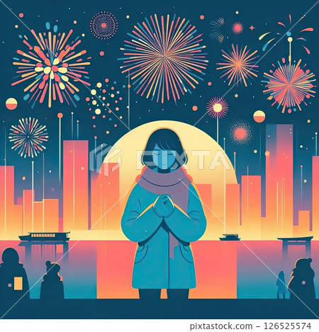 Woman in Winter Clothing with Vibrant Fireworks in the Background for New Year Celebration with Generative AI. 126525574