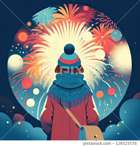 Woman in Winter Clothing with Vibrant Fireworks in the Background for New Year Celebration with Generative AI. 126525578