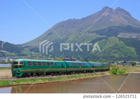 Mount Yufu and the express train "Yufuin no Mori" (JR Kyushu Kiha 71 series) 126525711