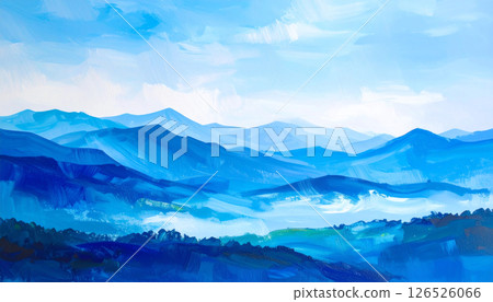 Majestic blue mountains stretch across the horizon under a clear sky during a serene day in nature. Textured oil painting illustration. 126526066