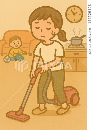 A cute illustration of a housewife vacuuming and doing housework (AI-generated, in a relaxed, cute style) A cute illustration of a housewife vacuuming and doing housework (AI-generated, in a relaxed, cute style) 126526108