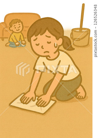 A cute illustration of a housewife mopping the floor (AI-generated, relaxed and cute style) 126526348