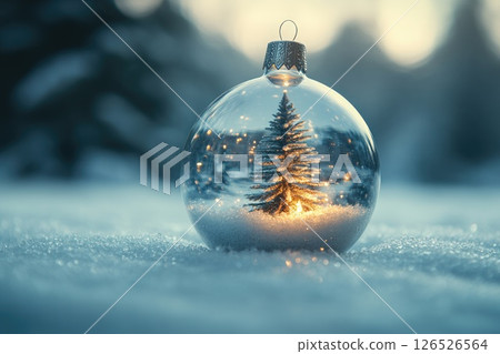 Glass ornament with miniature Christmas tree inside, glowing softly in winter snow landscape 126526564