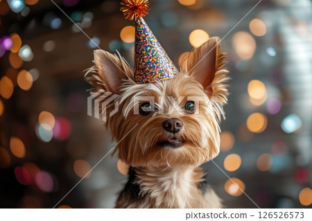 Adorable small dog wearing a festive party hat surrounded by colorful bokeh lights 126526573