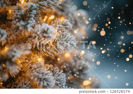 Snow-covered evergreen tree branches adorned with warm lights and soft falling snowflakes Snow-covered evergreen tree branches adorned with warm lights and soft falling snowflakes 126526574