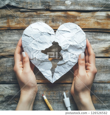Hands holding crumpled paper heart symbolizing love and heartbreak on rustic wooden background Hands holding crumpled paper heart symbolizing love and heartbreak on rustic wooden background 126526582
