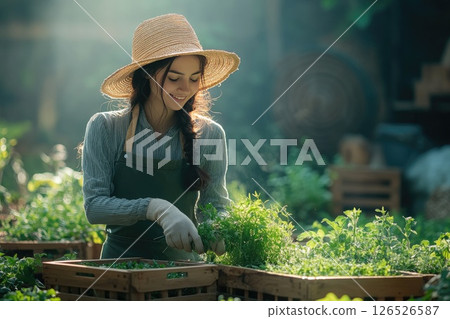 Young woman in straw hat tending to herbs in a sunlit garden with wooden crates and greenery Young woman in straw hat tending to herbs in a sunlit garden with wooden crates and greenery 126526587