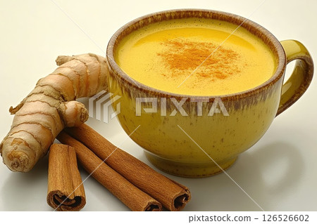 Yellow cup filled with golden turmeric latte, garnished with cinnamon and fresh ginger root 126526602