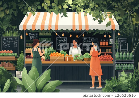 Vibrant market scene with women shopping for fresh produce at a colorful outdoor stall 126526610